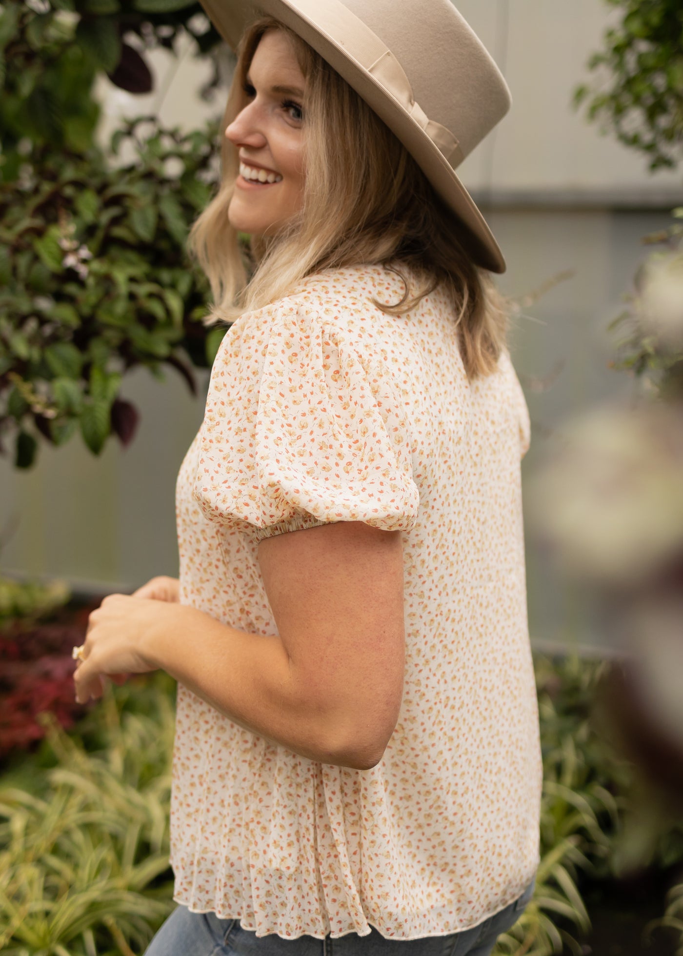 Sheer ivory floral pleated top
