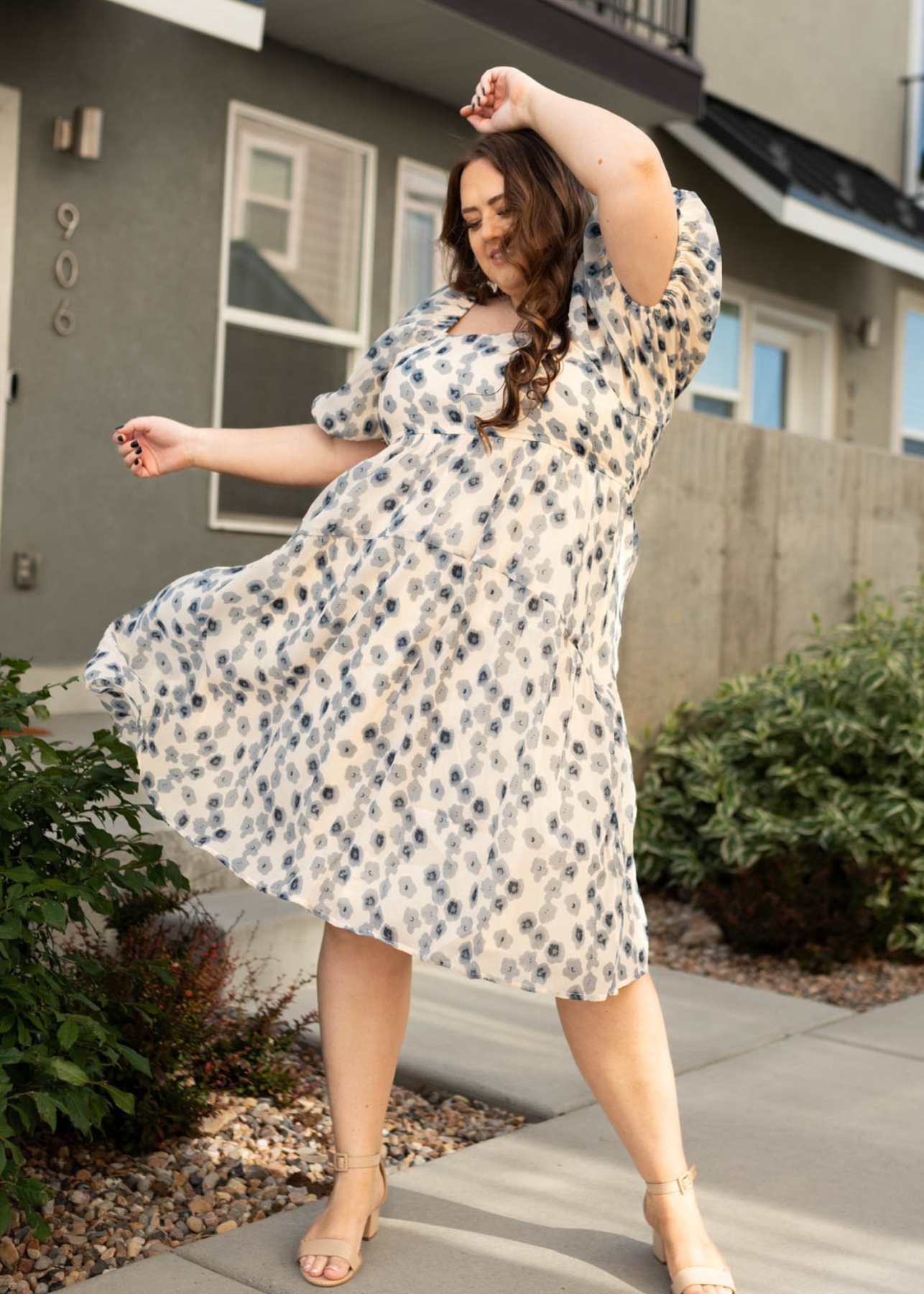 Knee length plus size blue dress with floral print