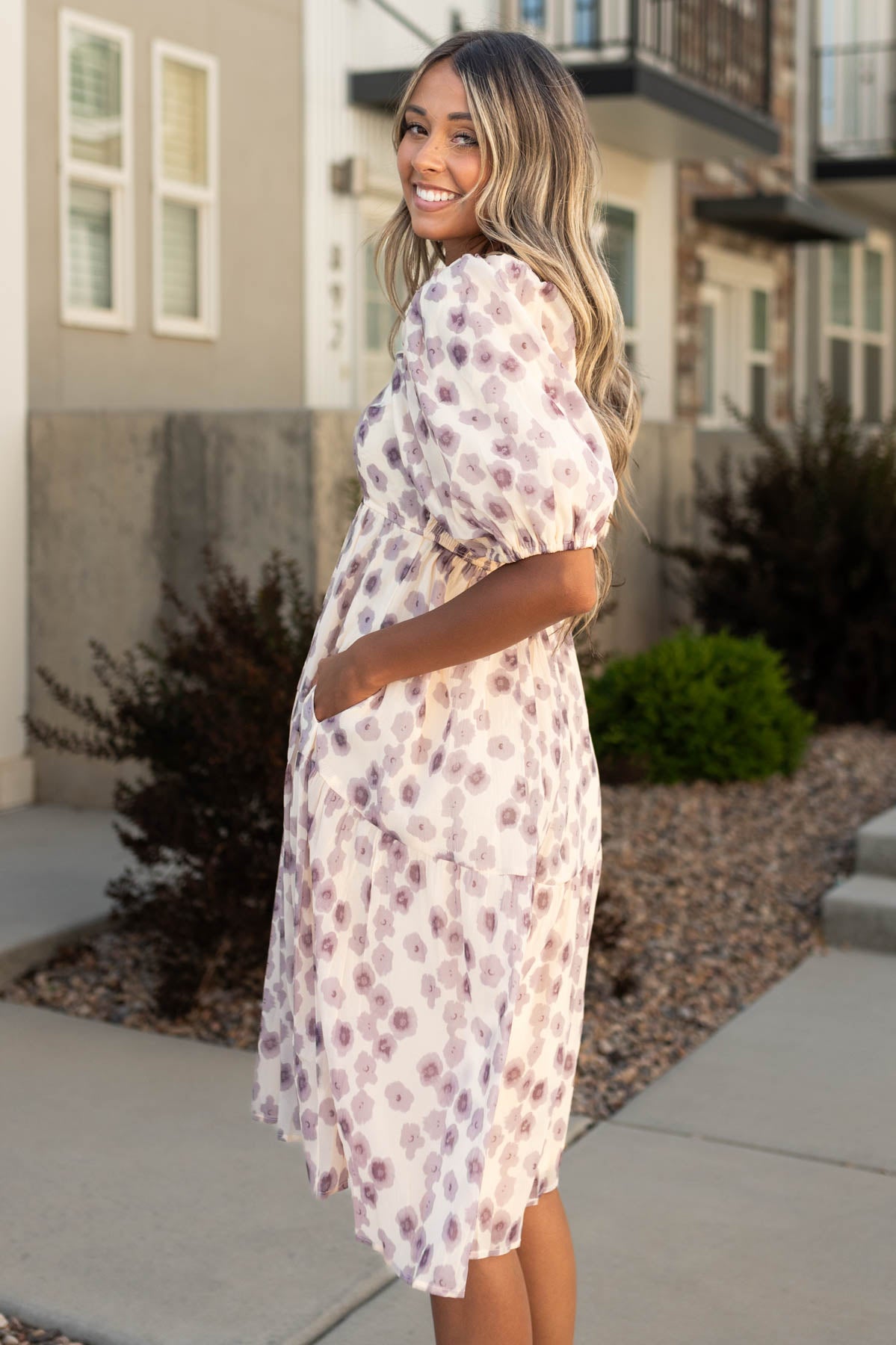 Side view of a lavender dress