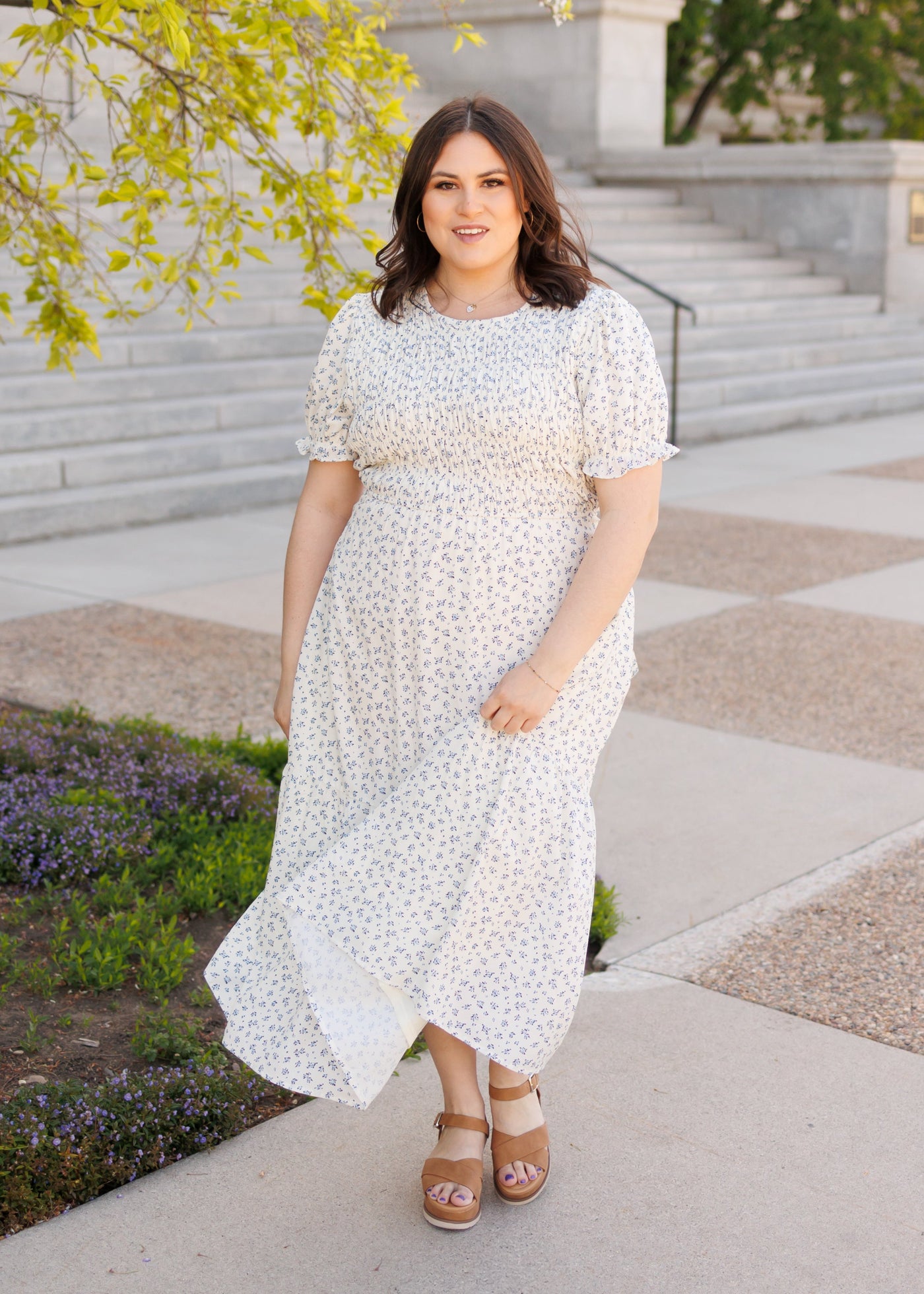 Blue floral smocked dress with short sleeves in plus size