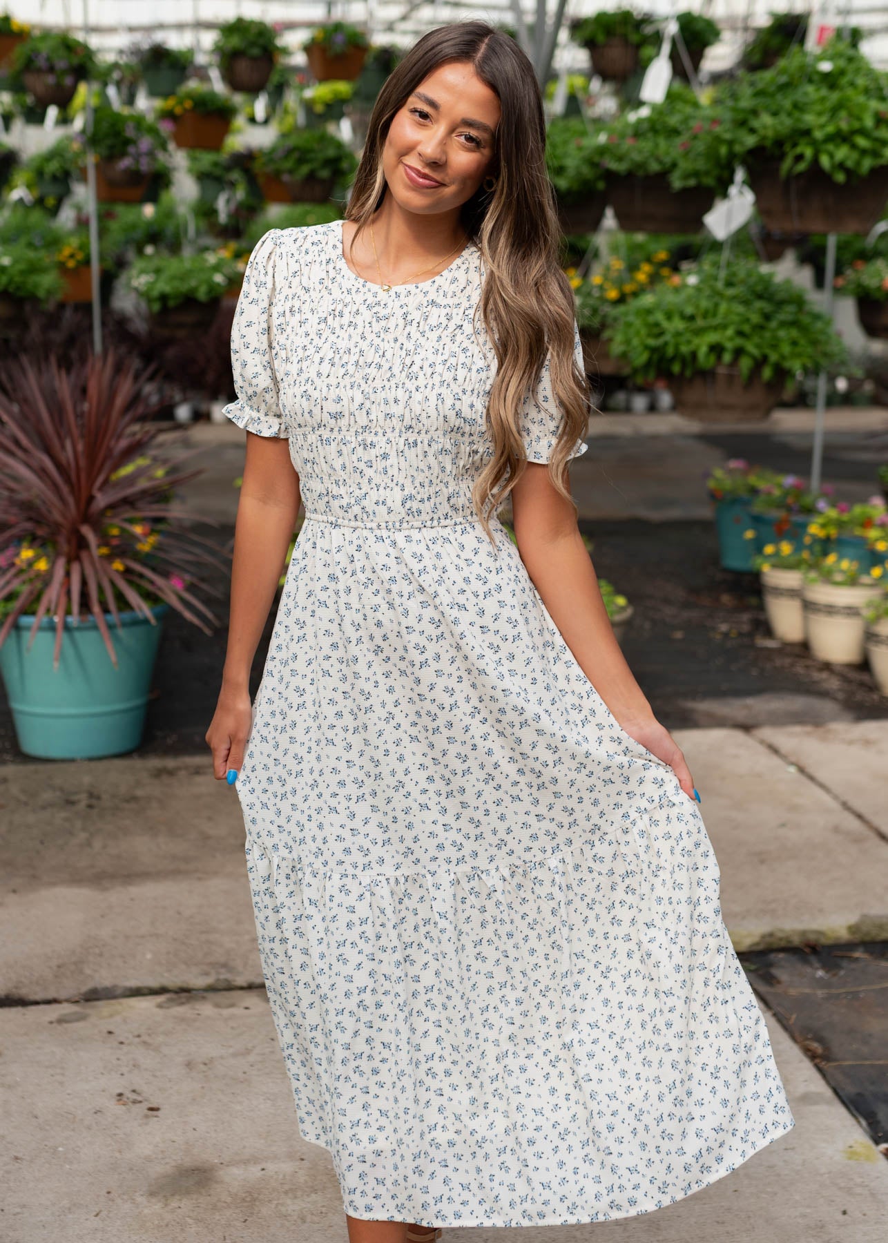 Short sleeve blue floral smocked dress