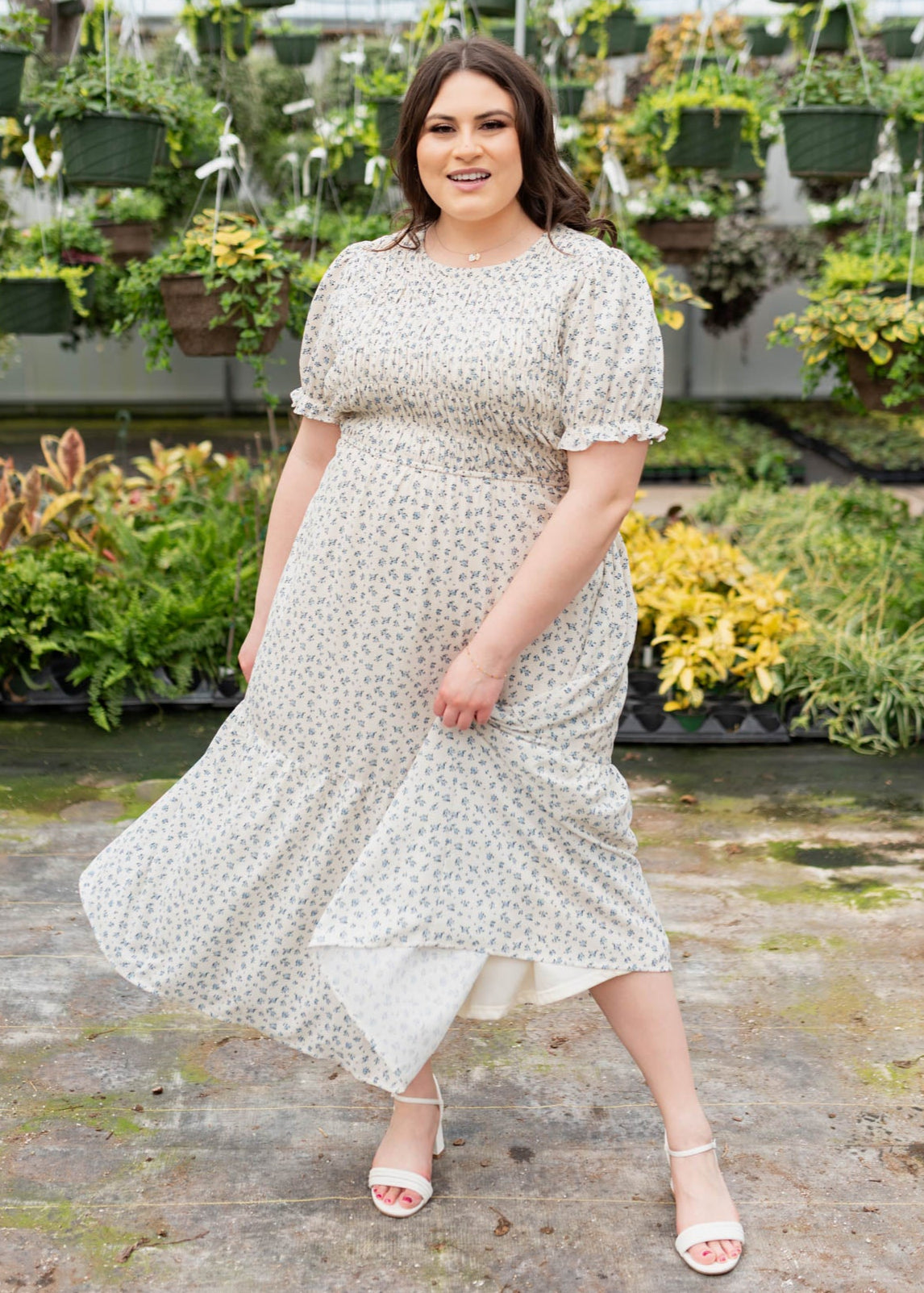 Blue floral smocked dress with short sleeves in plus size