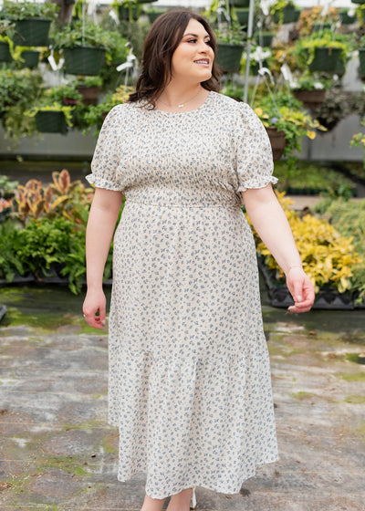 Plus size blue floral smocked dress 