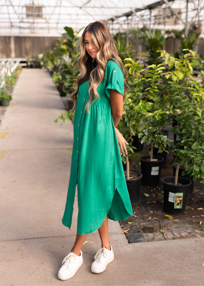 Green button down dress with short sleeves