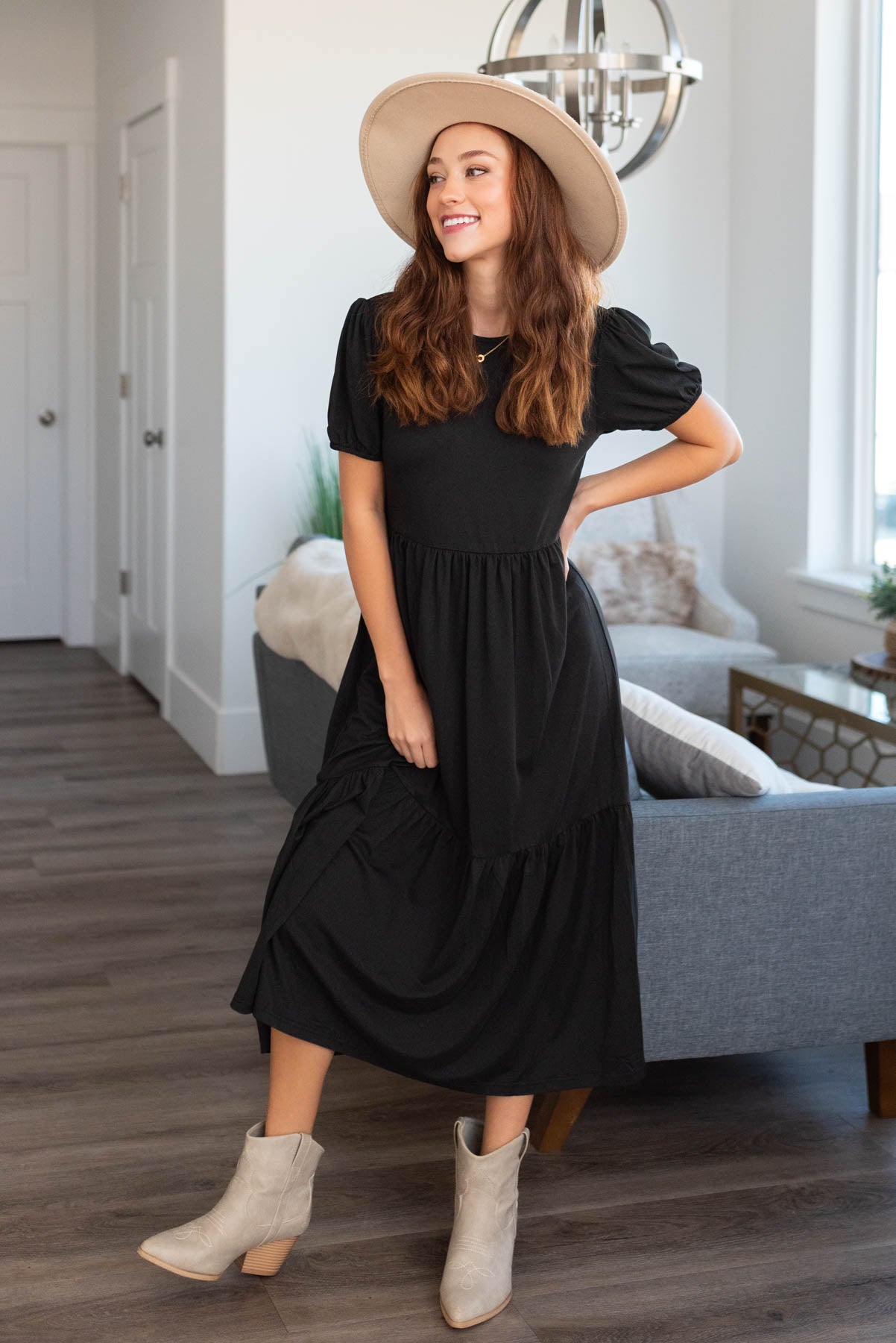 Black dress with short puff sleeves
