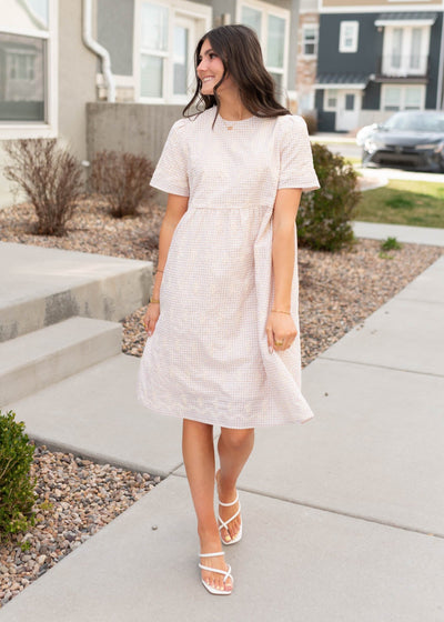 Knee length embroidered gingham mini dress
