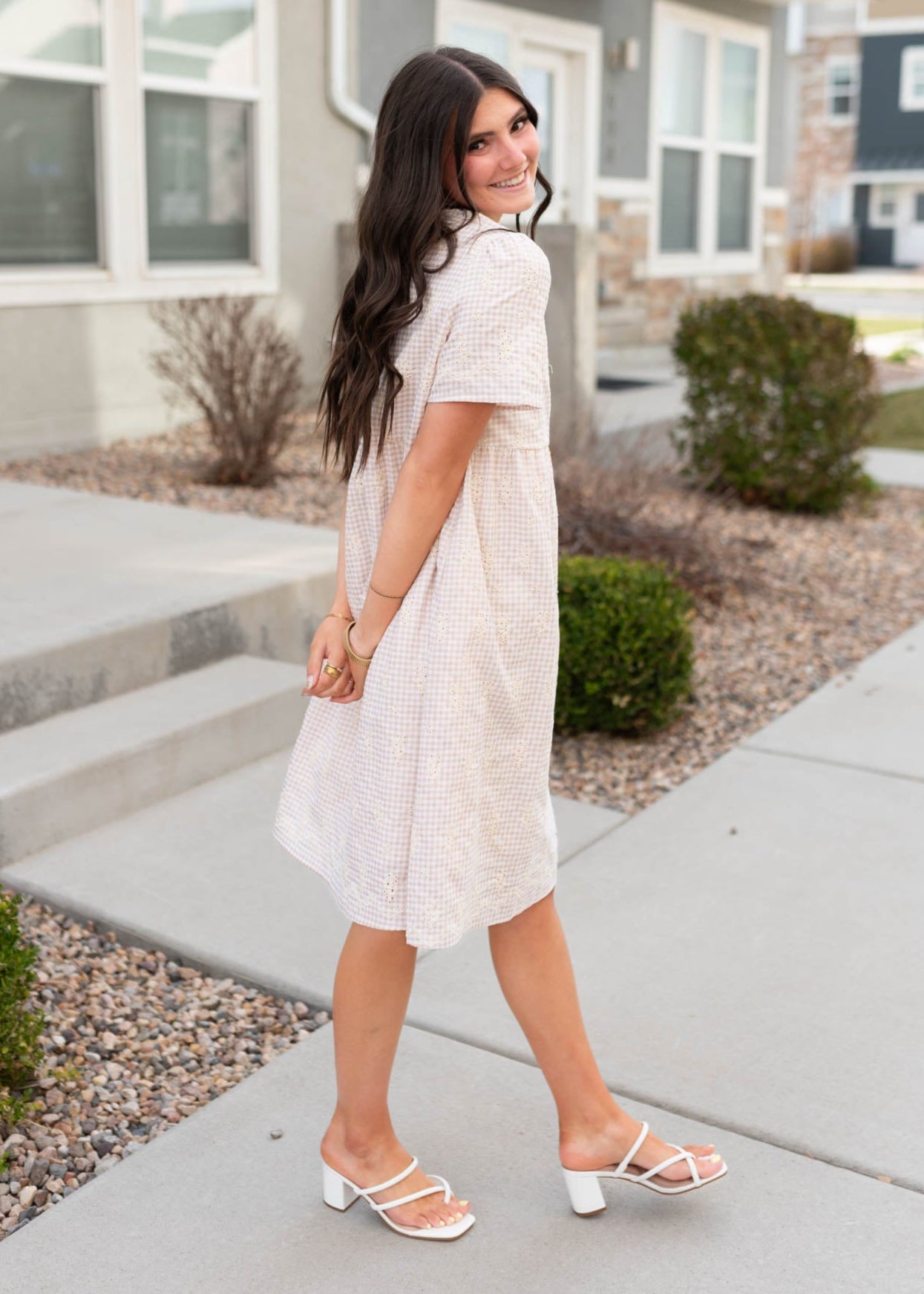 Sode view of the embroidered gingham mini dress