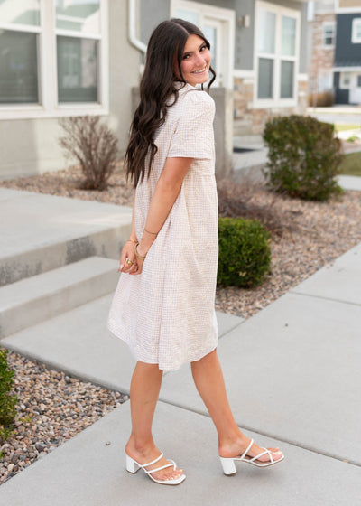 Sode view of the embroidered gingham mini dress