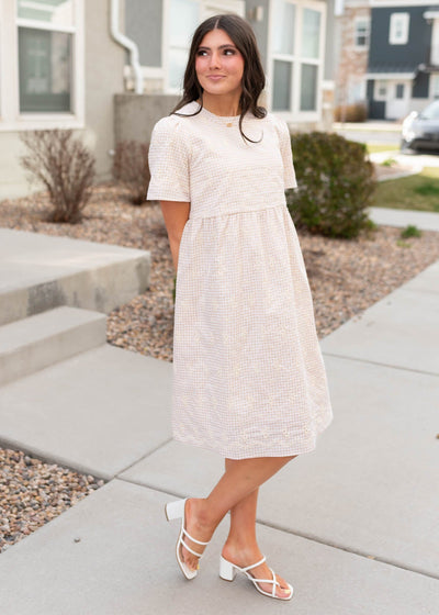 Sort sleeve embroidered gingham mini dress