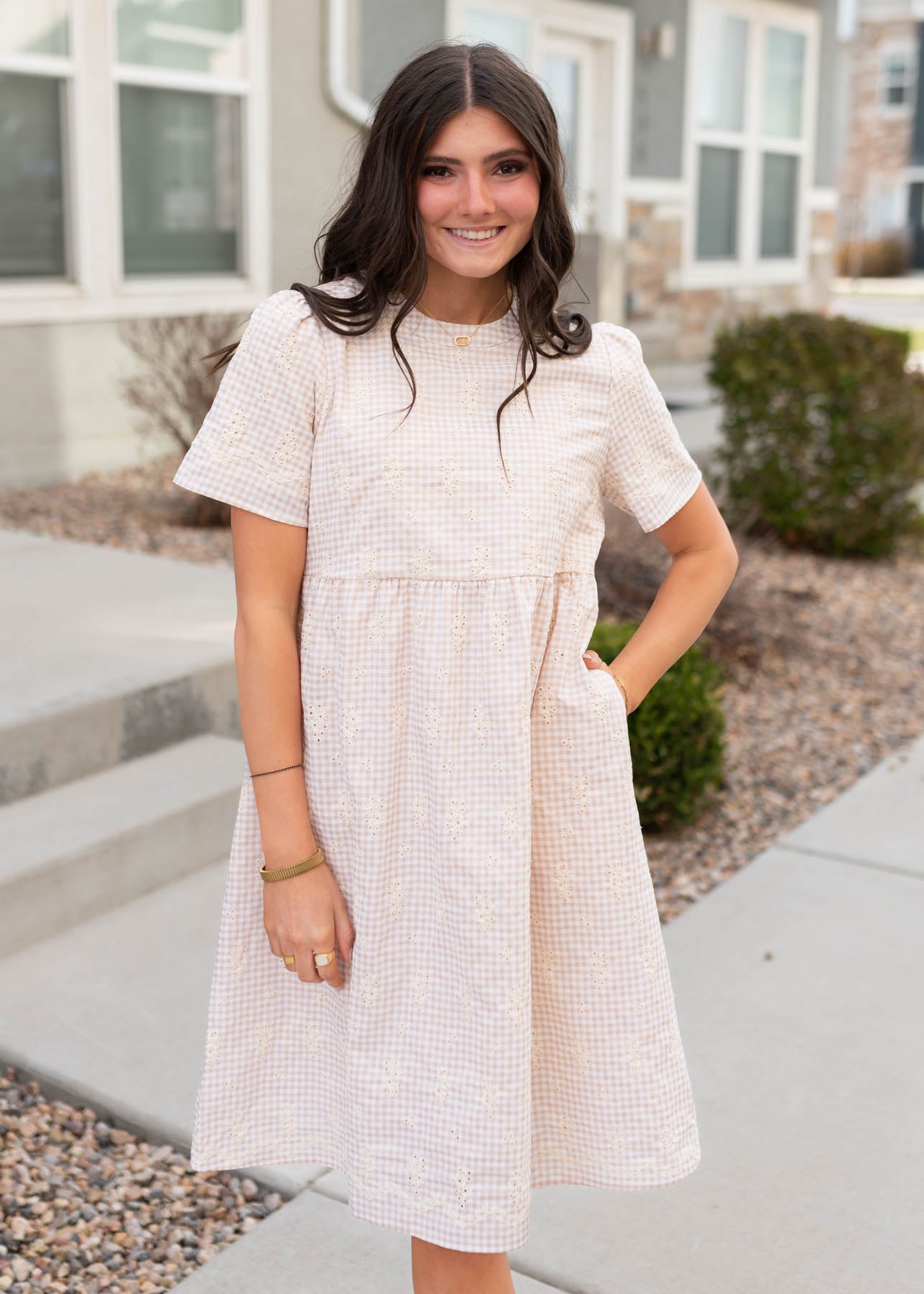 Embroidered gingham mini dress with pockets