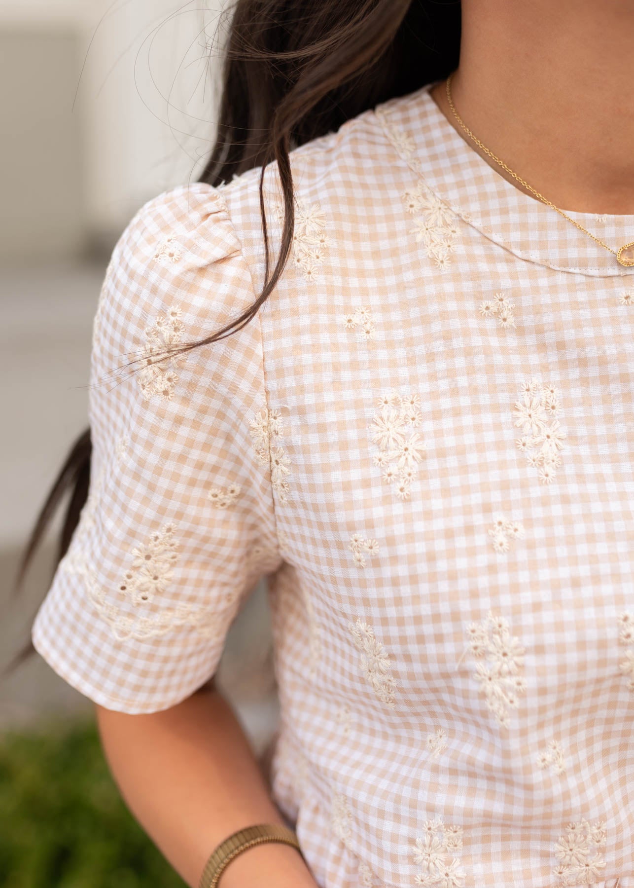 Embroidered gingham mini dress