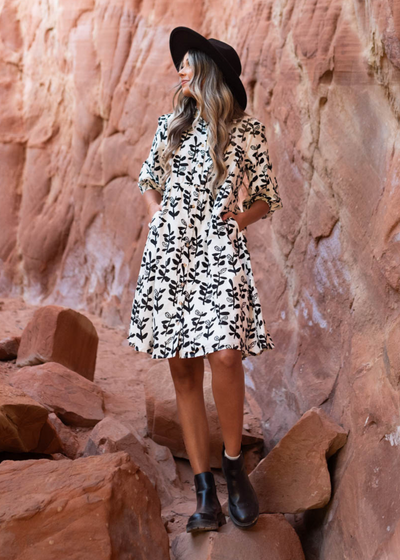 Long sleeve black floral dress