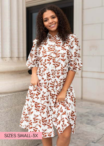 Brown floral dress with 3/4 sleeves