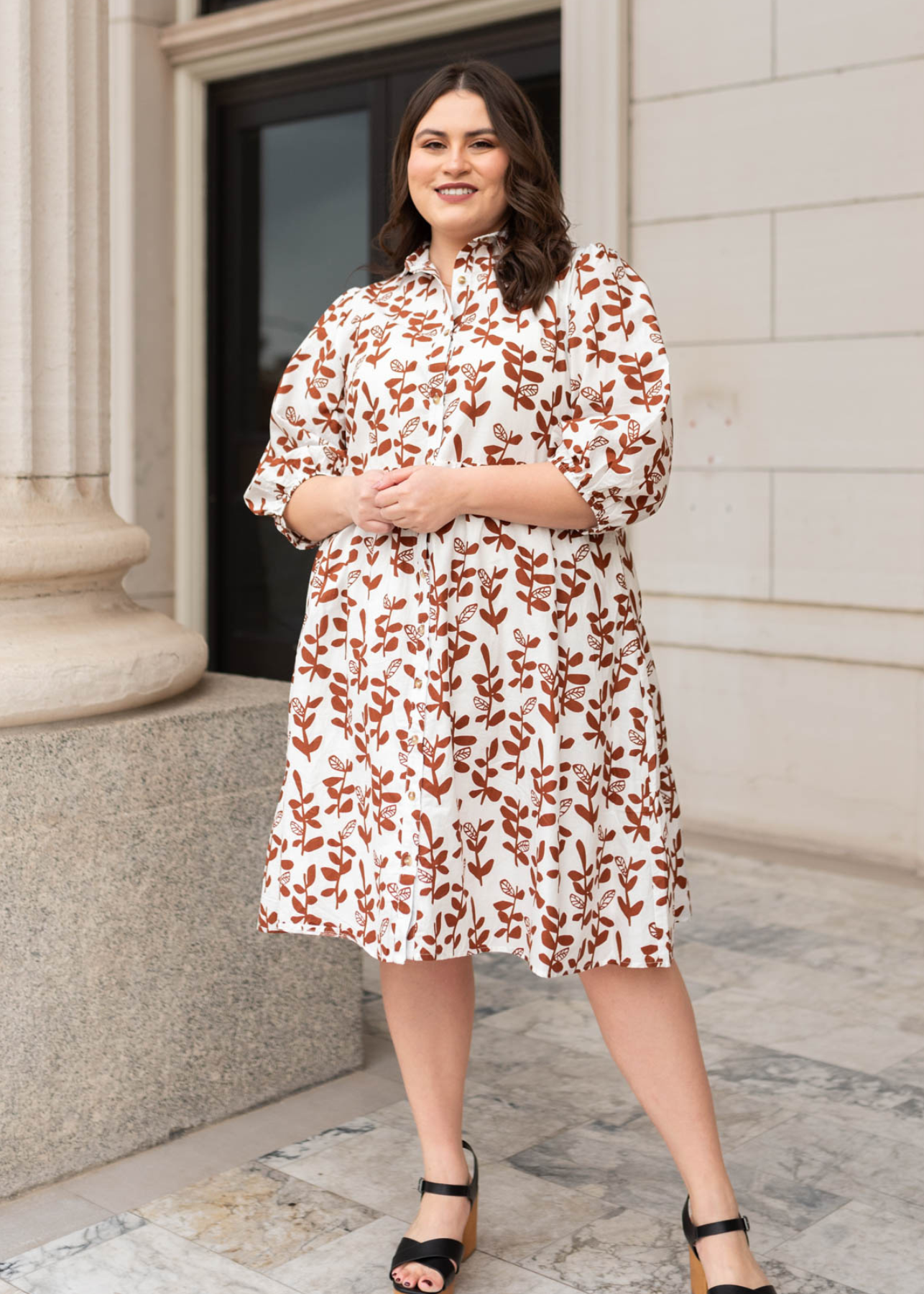 Knee length plus size brown floral dress