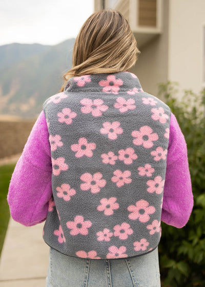 Back view of a denim fleece vest