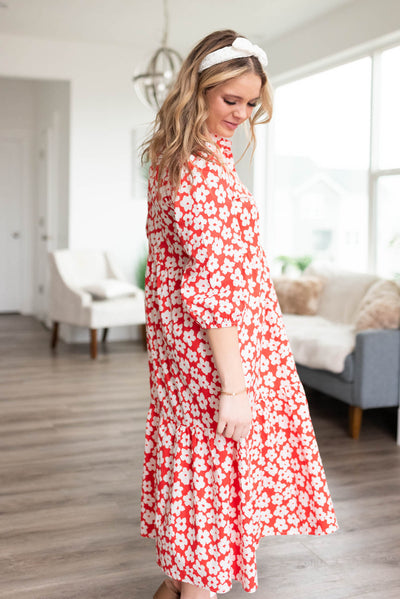 Side view of a red floral dress