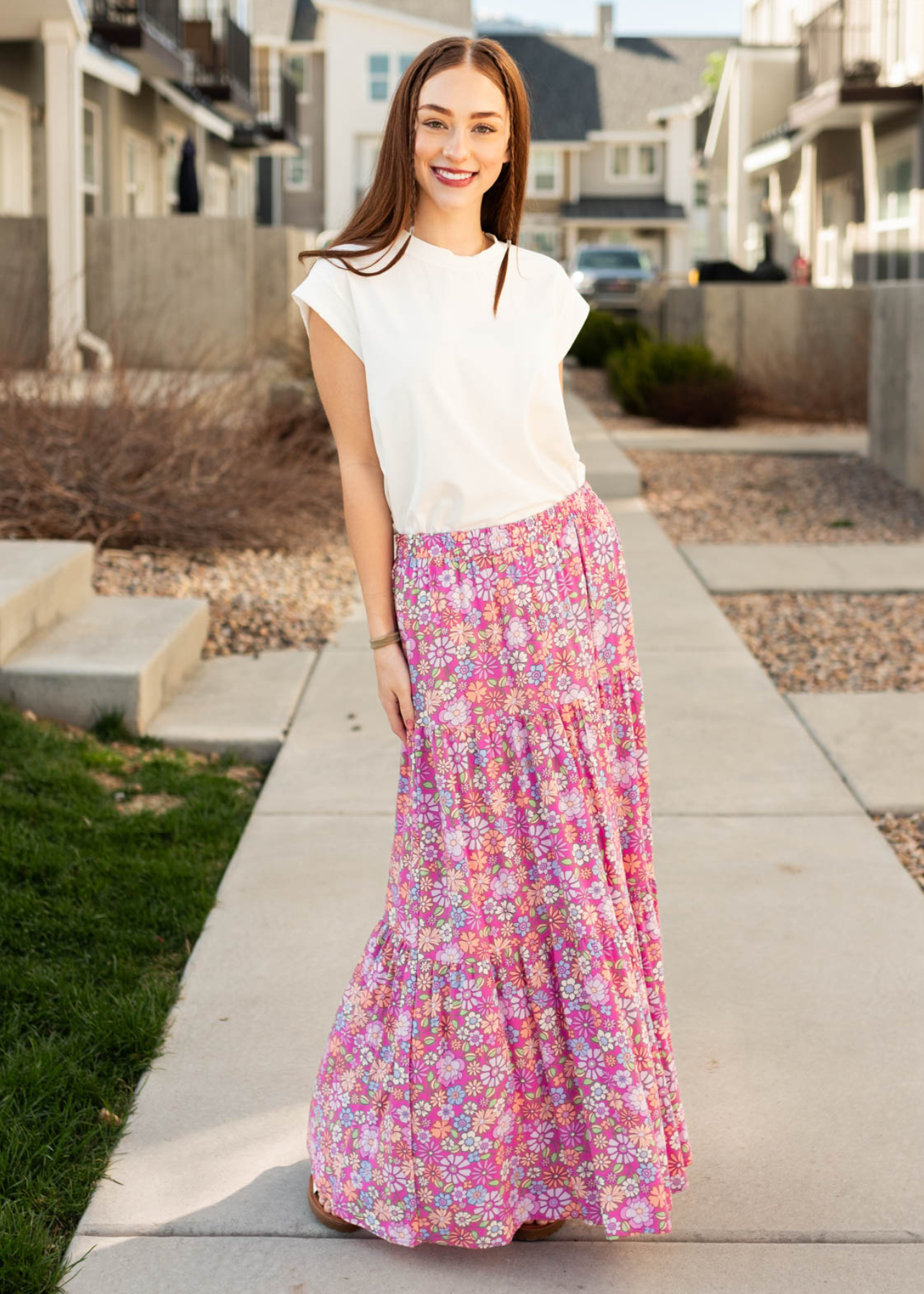 Long tiered pink floral skirt