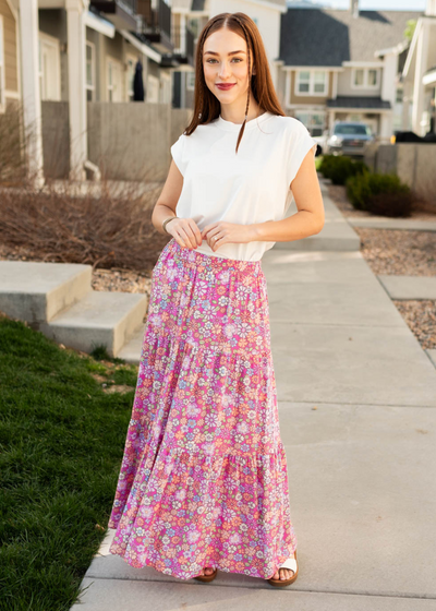 Long pink floral skirt