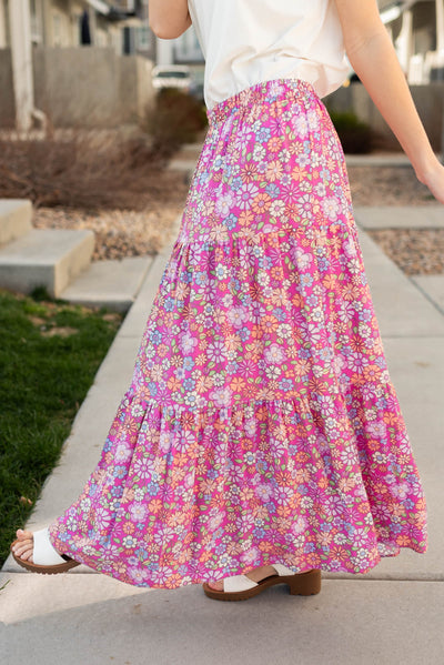 Side view of the pink floral skirt