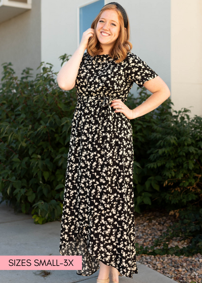 Short sleeve black floral dress that ties at the waist
