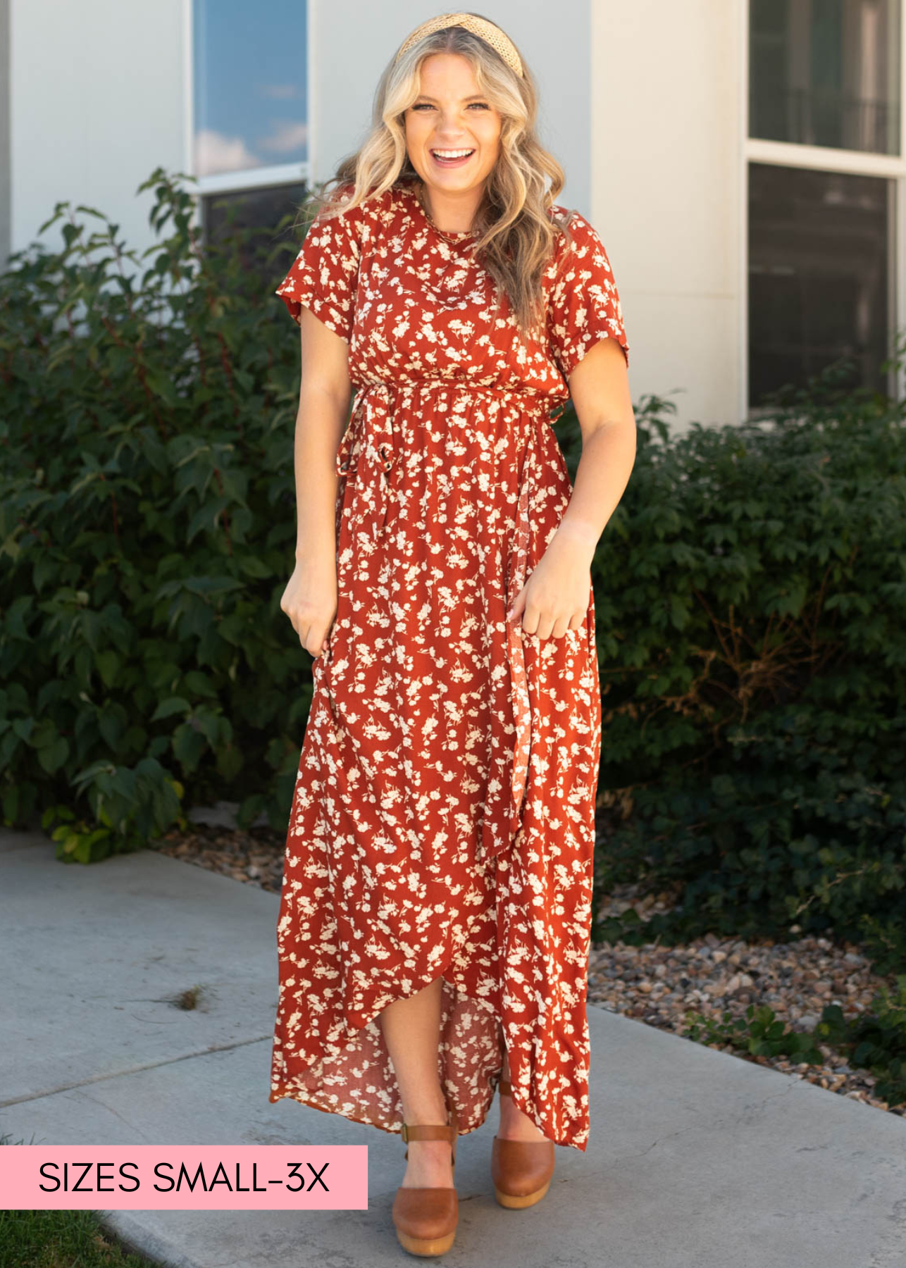Wrap style rust floral dress