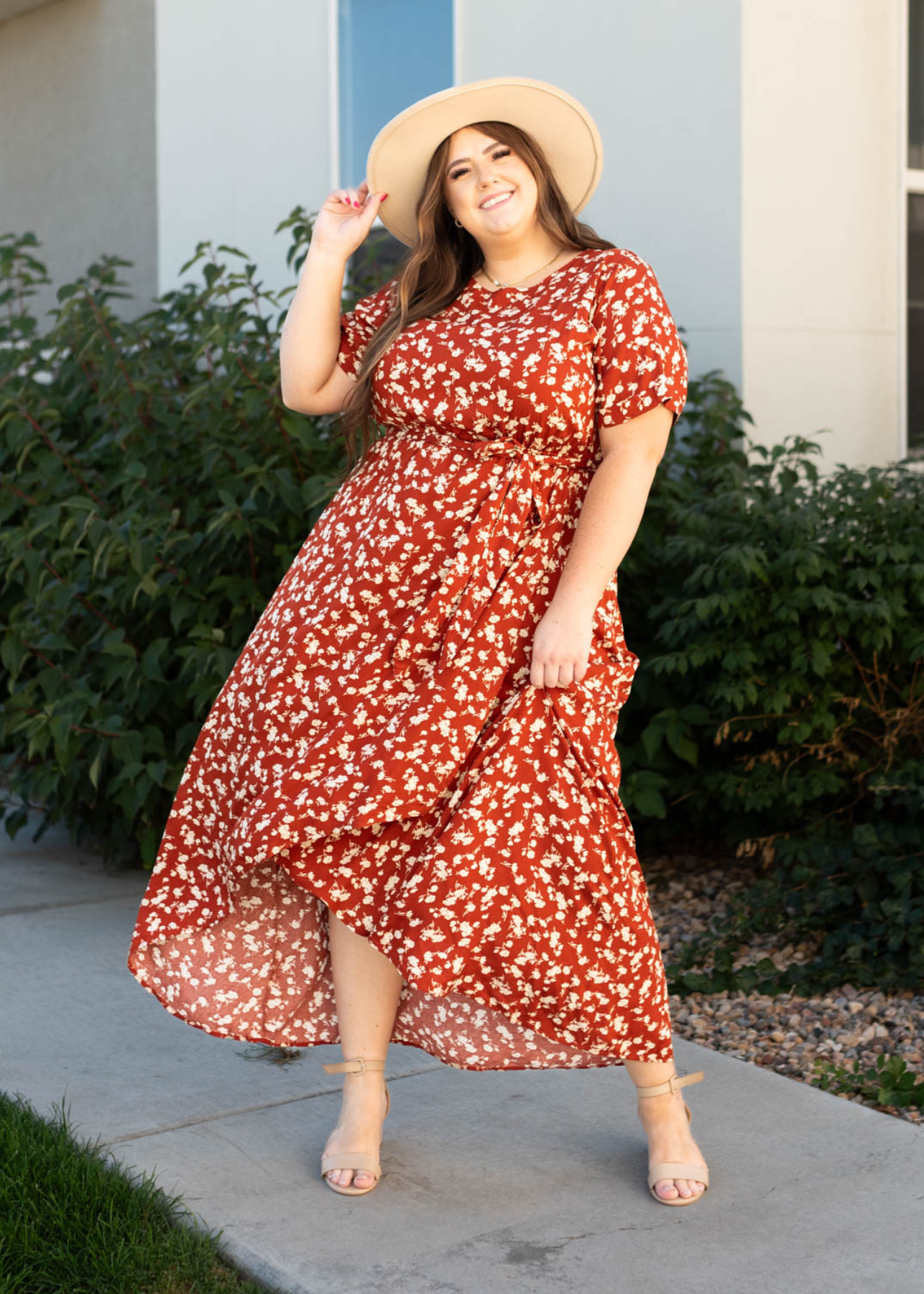 Plus size short sleeve rust floral dress