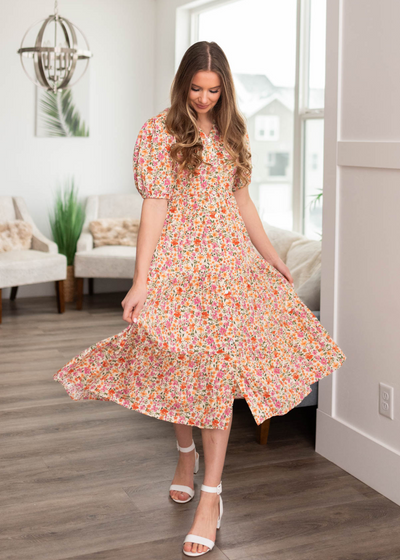 Short sleeve apricot floral dress