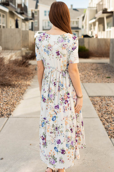 Back view of the grey floral dress