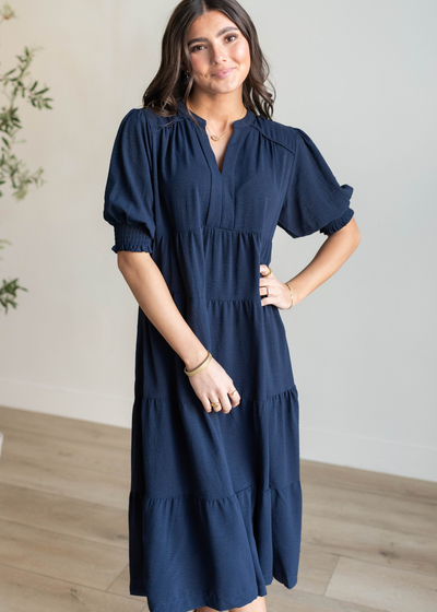 Short sleeve navy tiered dress
