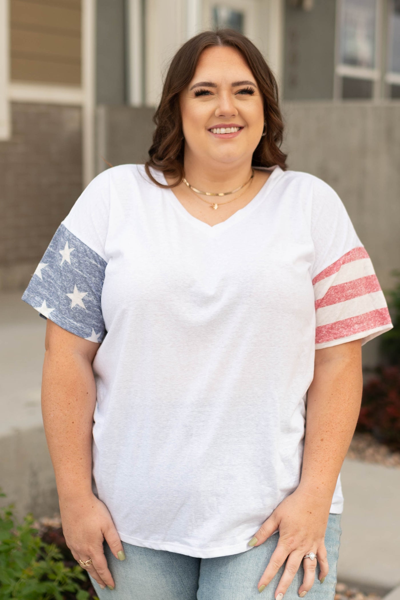 Plus size short sleeve liberty white tee with stars and stripes