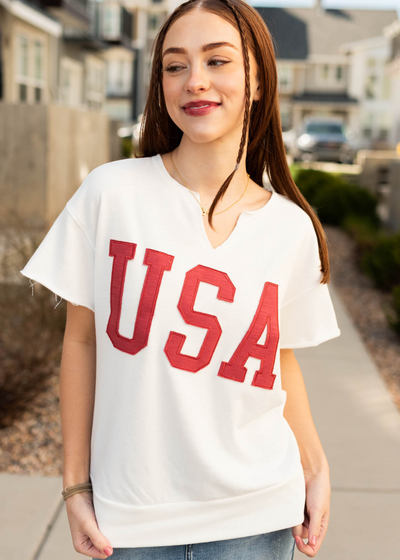 Close up of the white USA top
