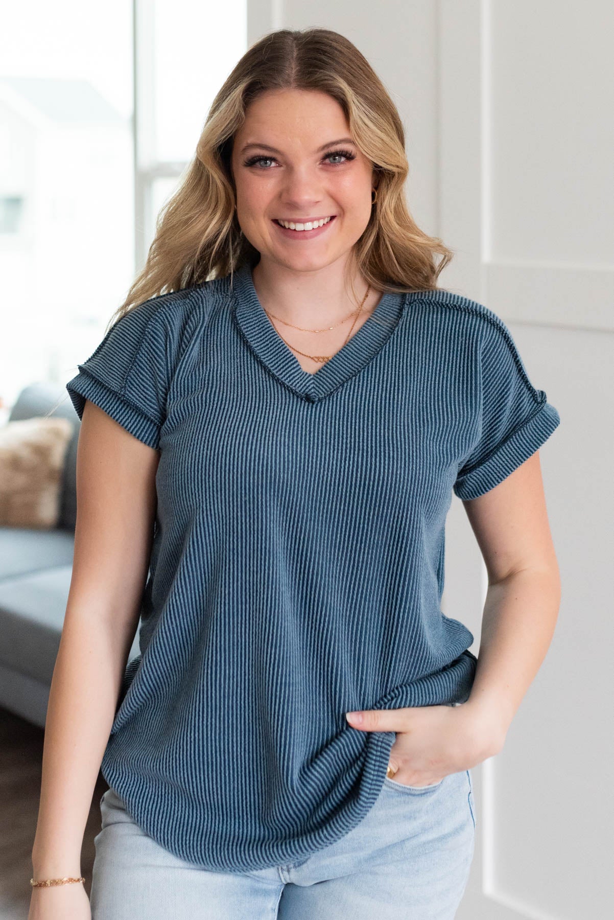 Short sleeve navy ribbed top with a v-neck