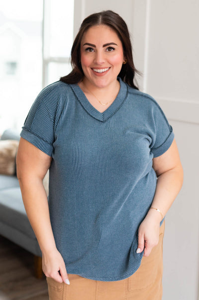 Short sleeve plus size navy ribbed top
