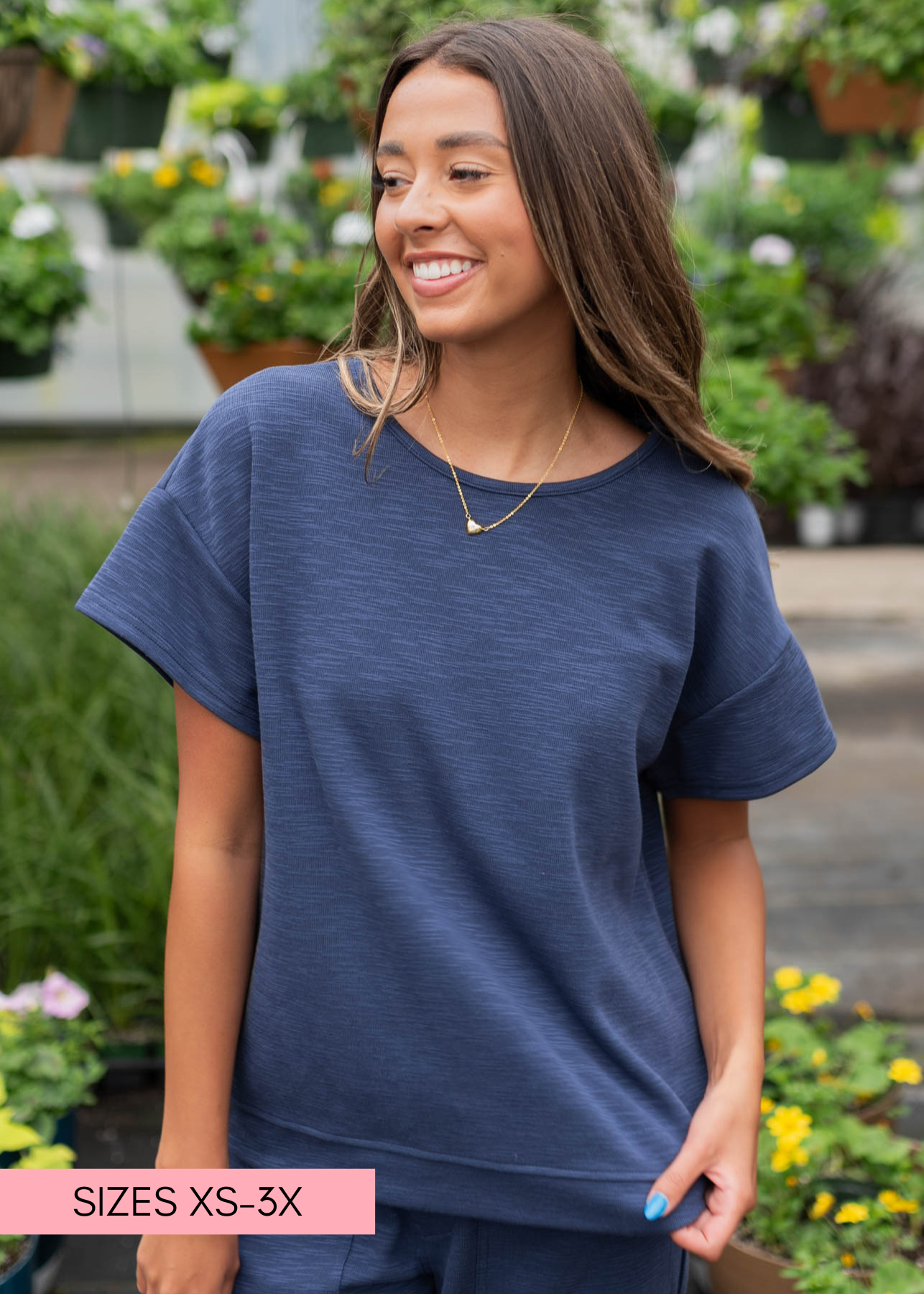 Navy knit top in sizes xs to 3x