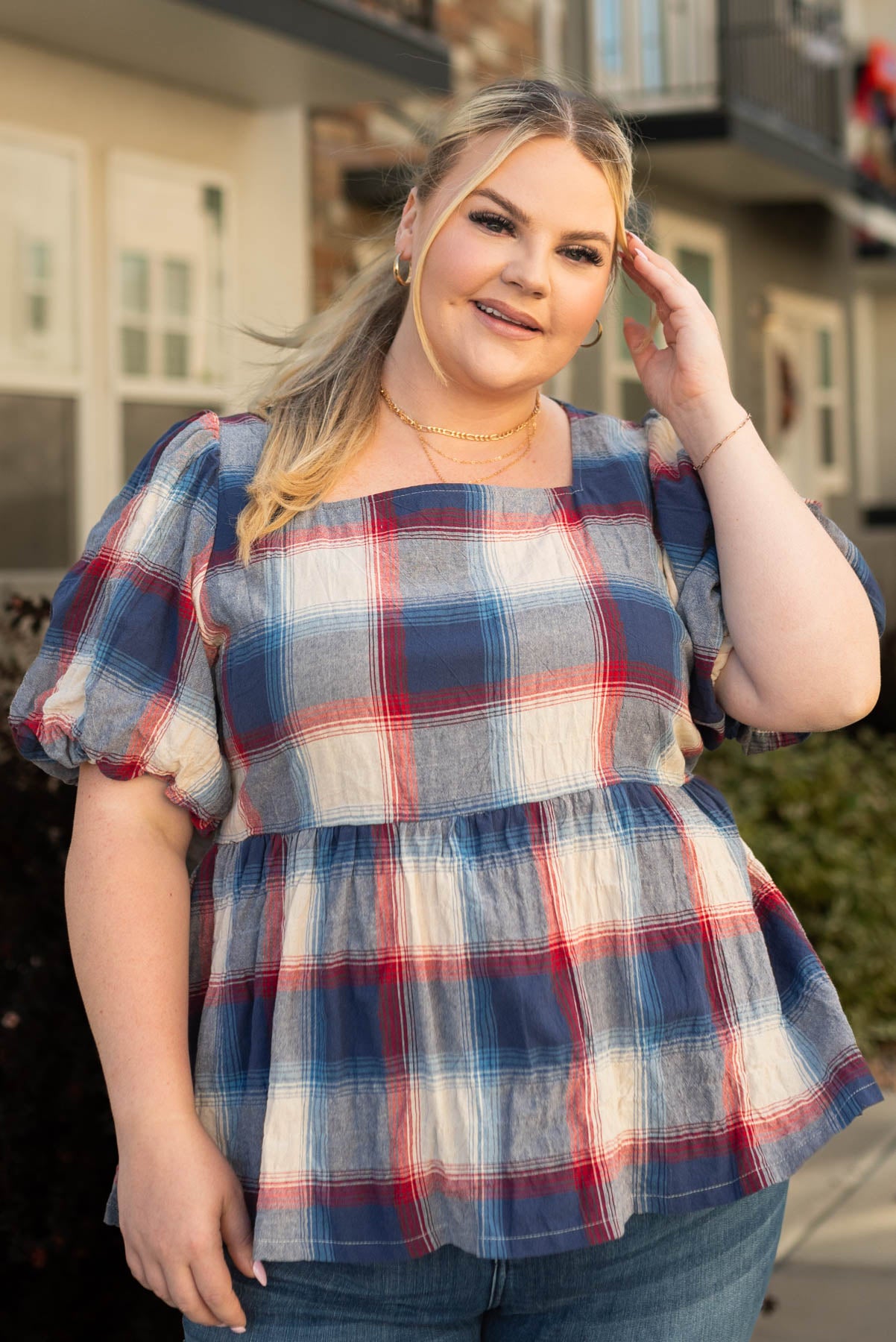 Plus size navy plaid top with short sleeves and square neck