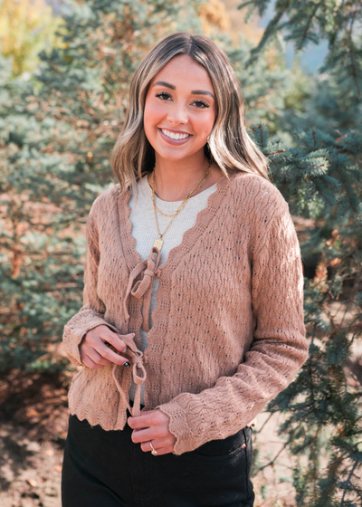 Long sleeve taupe cardigan that ties in the front