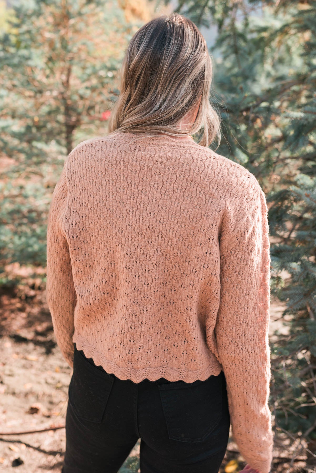 Back view of the taupe cardigan