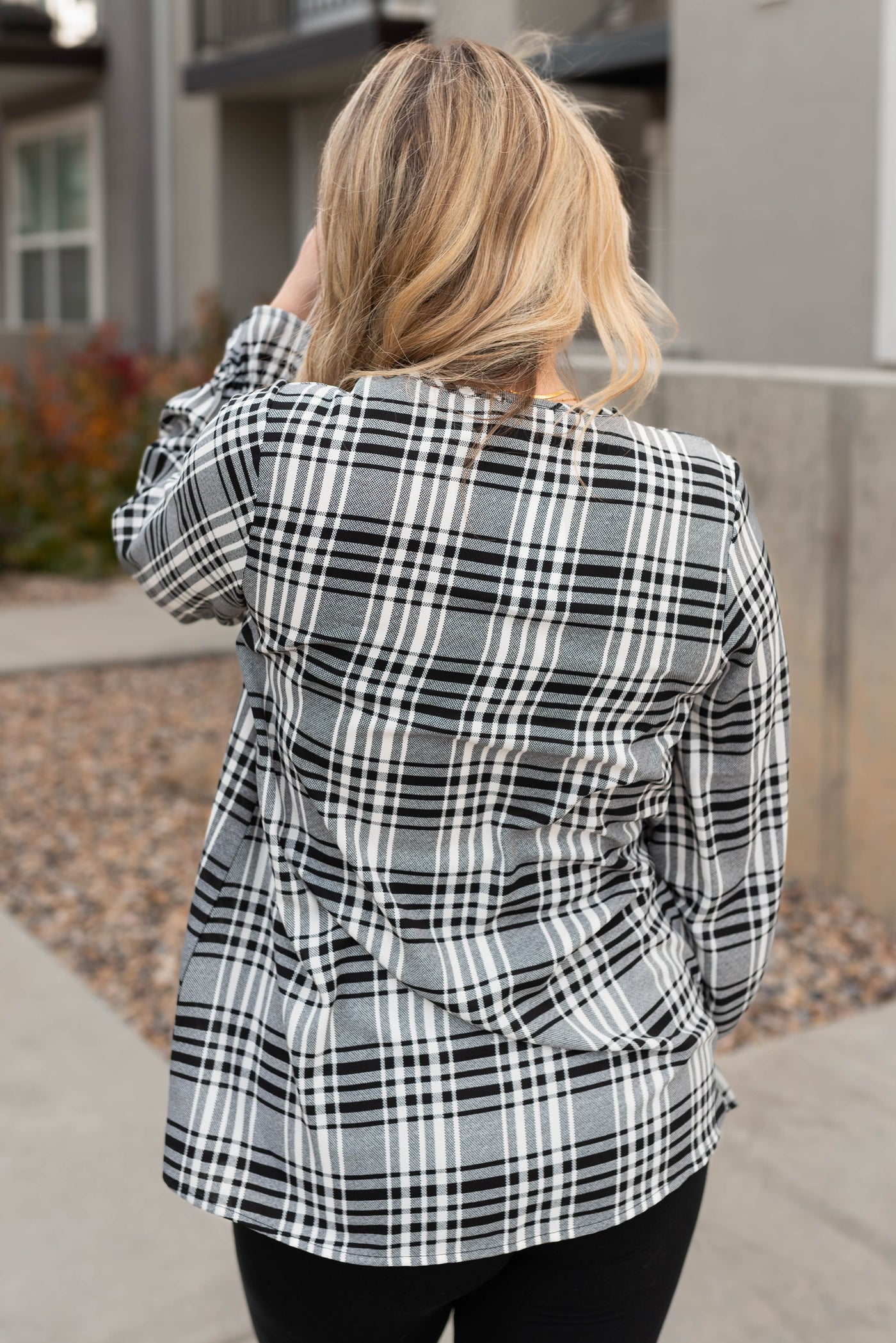 Back view of the black plaid blouse