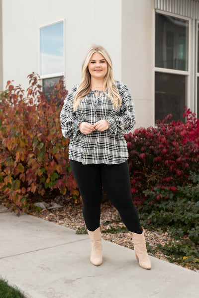 Plus size black plaid blouse that ties at the neck