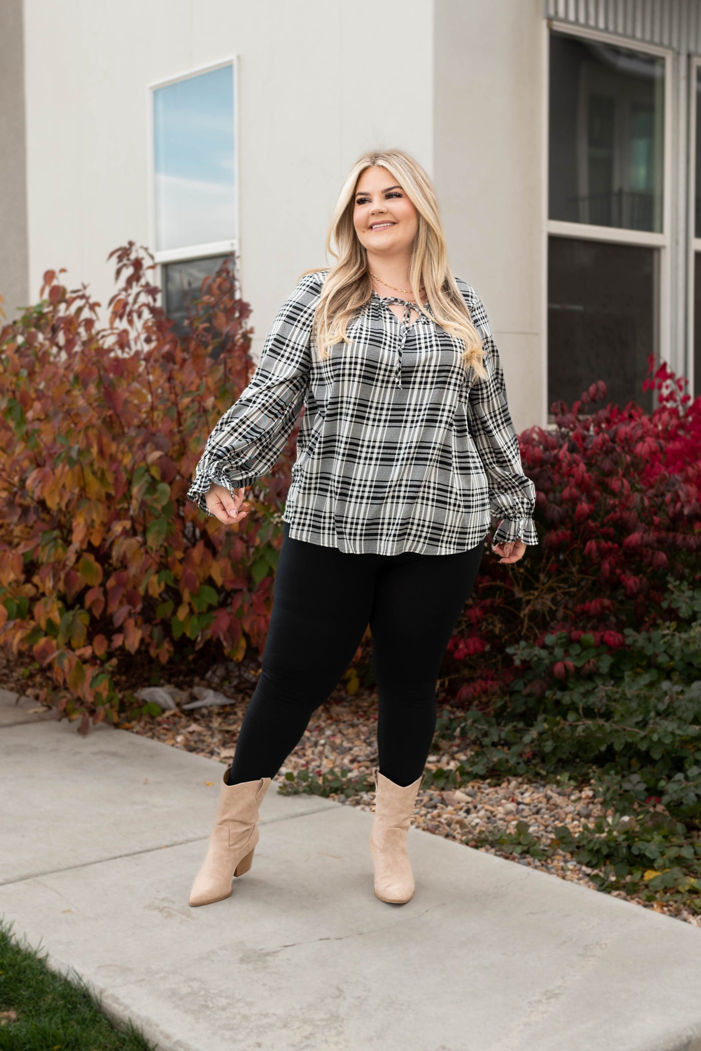 Plus size black plaid blouse with long sleeves