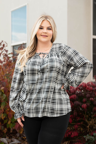 Long sleeve plus size black plaid blouse