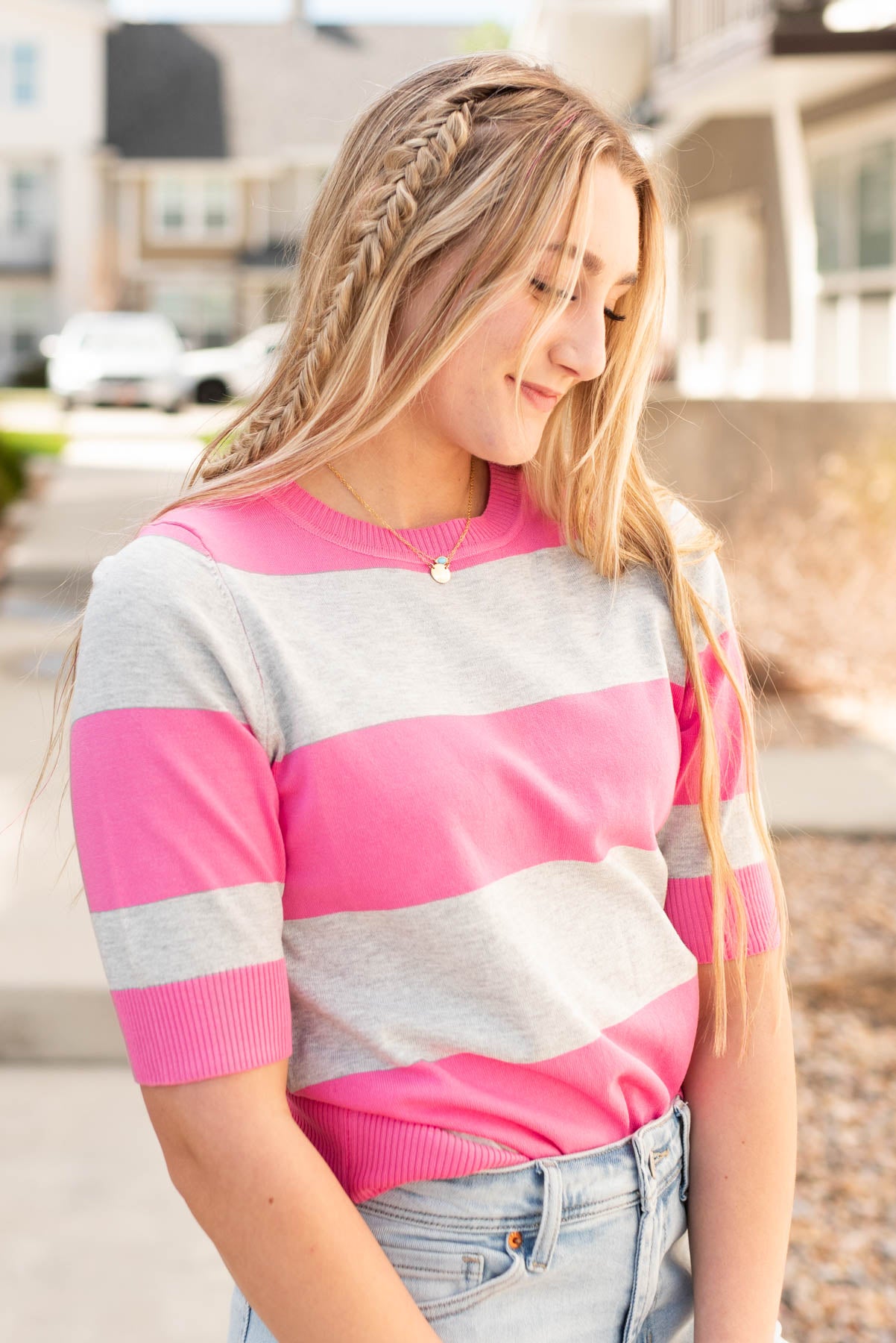 Side view of the pink stripe top