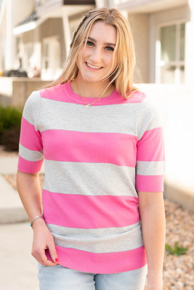 Grey and pink stripe top
