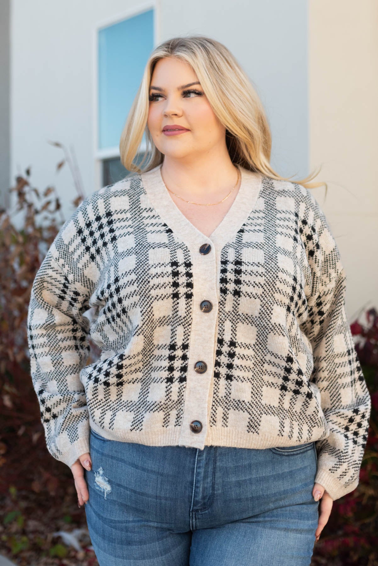Plus size taupe button down cardigan with long sleeves