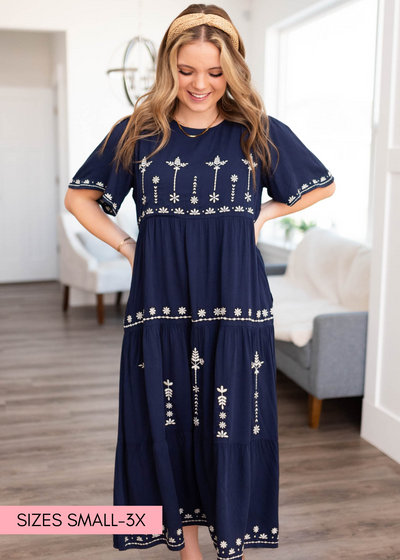 Short sleeve navy embroidered dress