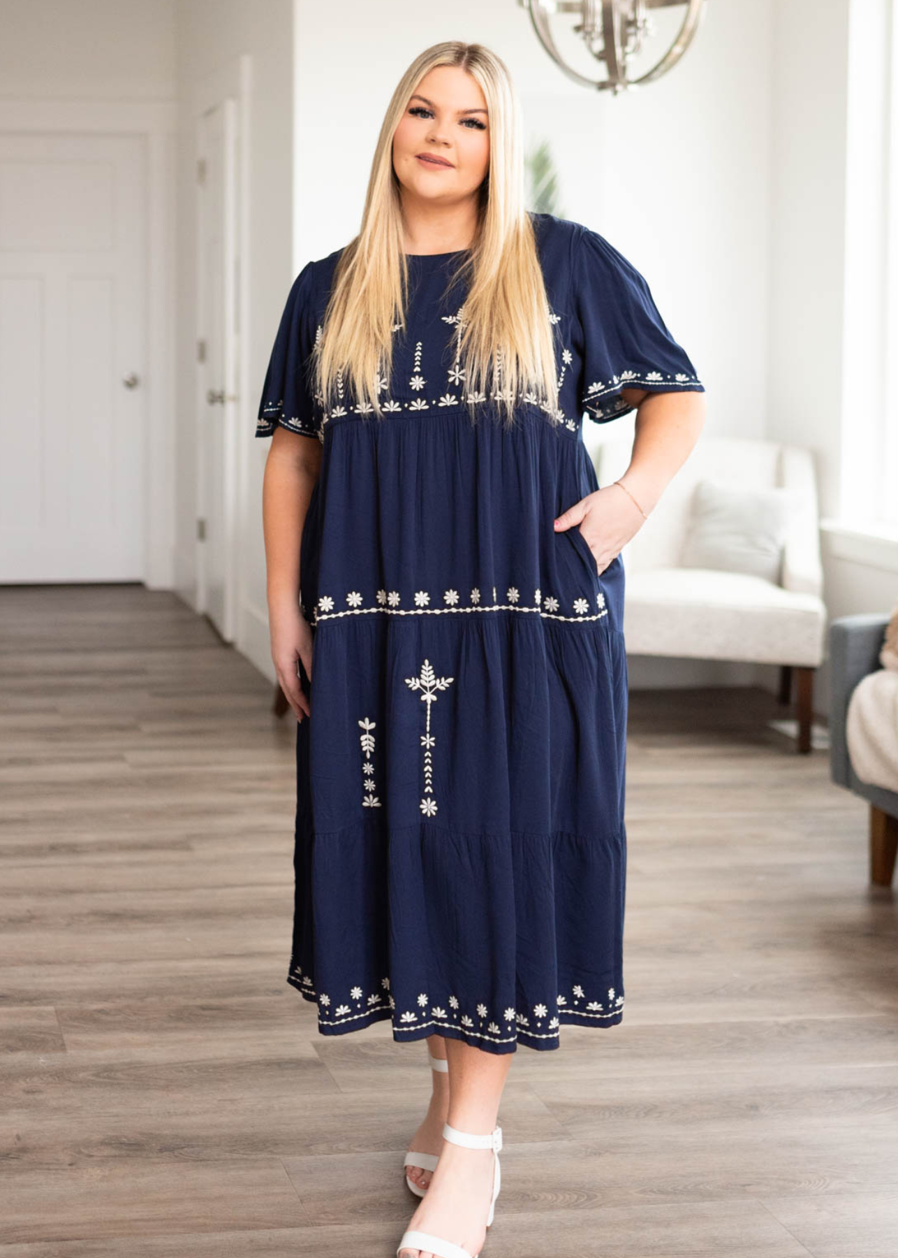 Navy embroidered dress with short sleeves