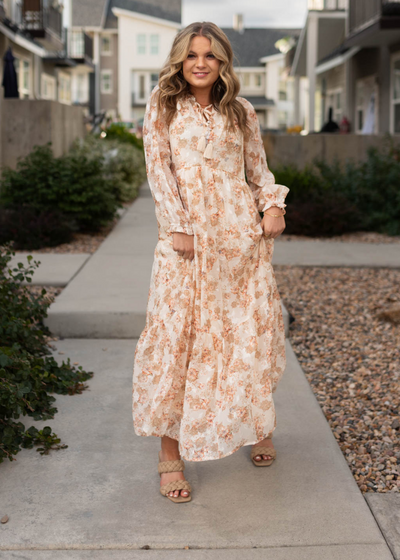 Tiered peach flower dress with long sleeves