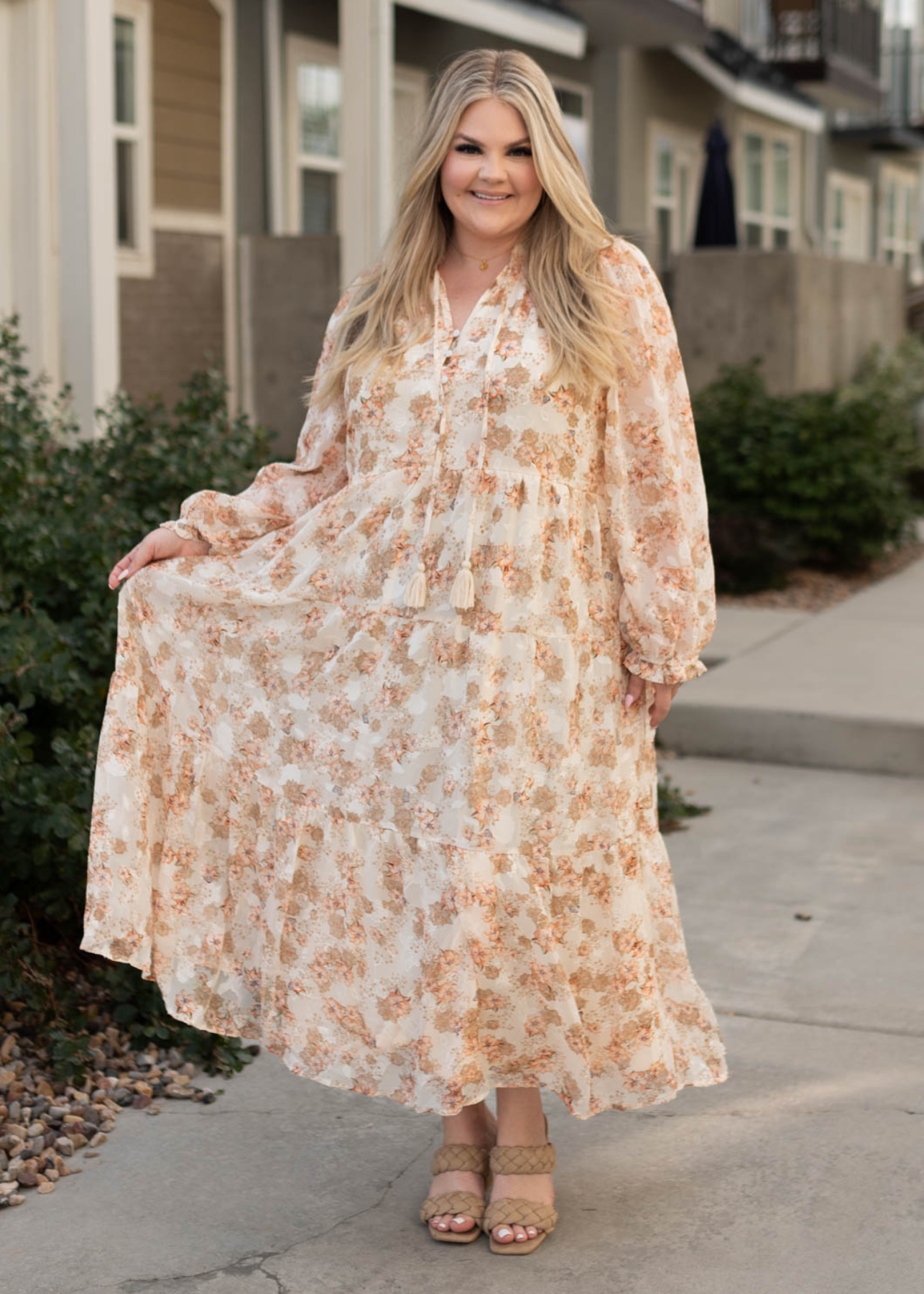Plus size tiered peach flower dress with long sleeves