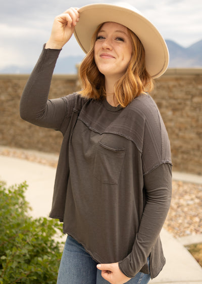 Long sleeve charcoal top with front pocket