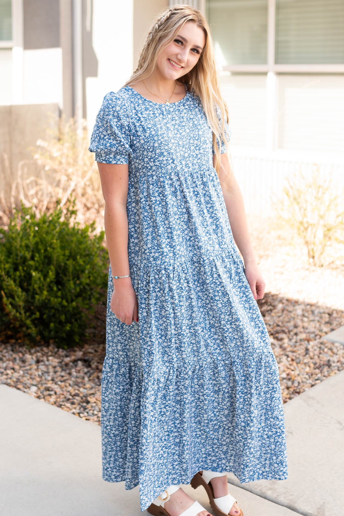 Side view of the navy floral dress